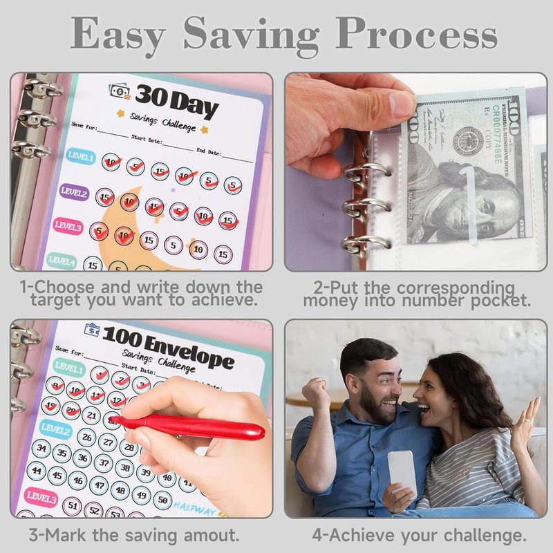 VAZOCA 2 Pack 100 Envelopes Money Saving Challenge, Cash Budget Planner A5 Binder, Savings Challenges Book Organizer Folder, with 3 Tracker to Save $5,050 and $2,600, $300, 100 Pre-numbered Pockets, Black & Red - Image 5